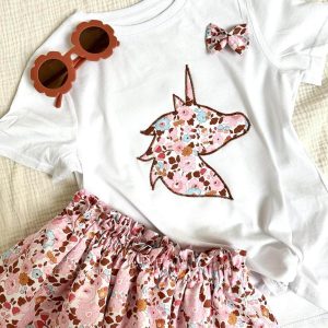 Ensemble Jupette et tee shirt licorne, Liberty betsy ecureuil