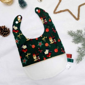 Bavoir, décor Noël fond vert et uni blanc