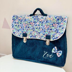 Cartable, velours côtelé marine et Liberty wiltshire fluo