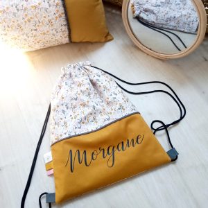 Sac pochon, fleuri rose et curry