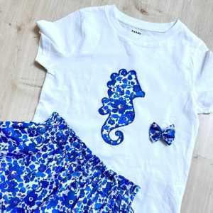 Ensemble Jupette et tee shirt hippocampe, Liberty betsy lavande