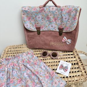 Cartable, velours côtelé vieux rose et liberty maedow song