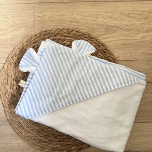 Cape de bain, coton rayé bleu ciel