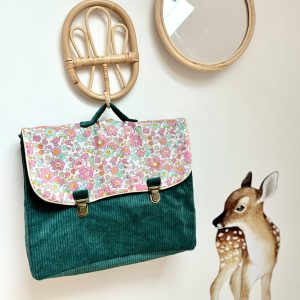Cartable, velours côtelé vert émeraude et liberty betsy rose et vert