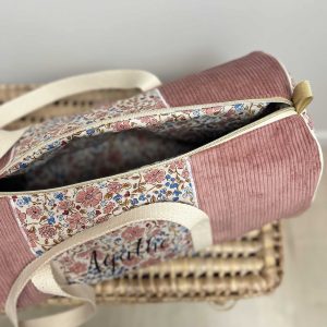 Sac polochon, velours vieux rose et coton coccinelle