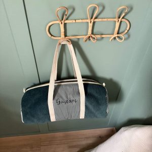 Sac polochon, velours émeraude et coton marinière vert