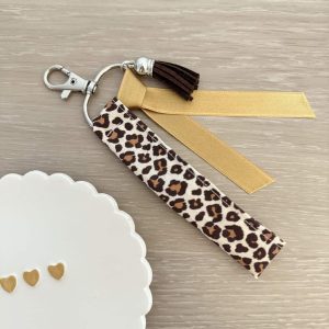 Porte clés, motifs léopard 1, ruban camel