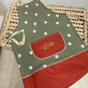 Tablier, double gaze marguerite kaki et coton uni terracota