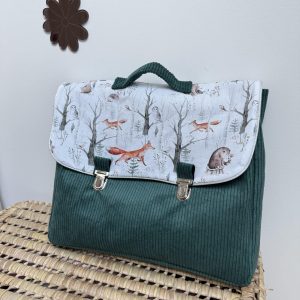 Cartable, velours côtelé emeraude et coton animaux de la forêt
