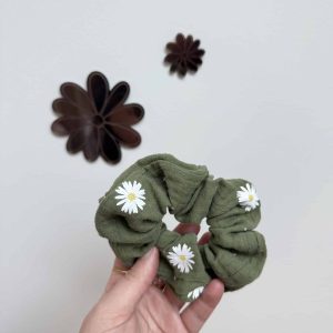 Chouchou, double gaze marguerites fond kaki