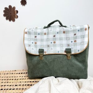 Cartable, velours côtelé kaki et coton ballons