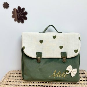 Cartable, velours côtelé ras kaki et double gaze coeurs kaki