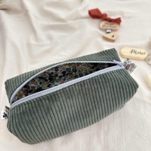 Trousse à crayon simple, velours côtelé kaki et intérieur liberty olivier