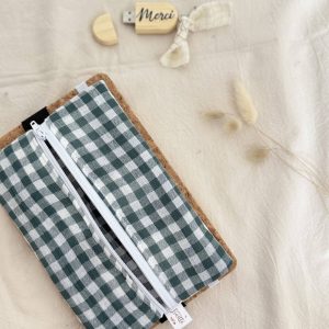 Trousse plate élastiquée, double gaze vichy vert