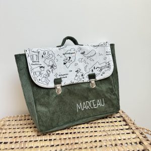Cartable, velours côtelé kaki et carte du monde