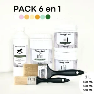 Pack 3 Peintures (1L / 500 ML / 500 ML) + Vernis (500ML) + 2 x Pinceaux – Rénovation Chambre Bébé | 3 meubles (Commode, Armoire, Lit)