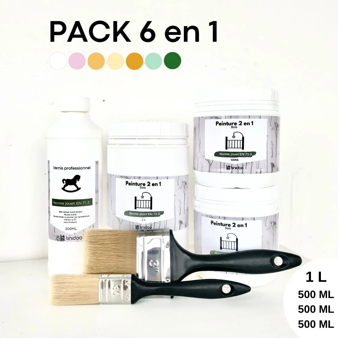 Pack 3 Peintures (1L / 500 ML / 500 ML) + Vernis (500ML) + 2 x Pinceaux – Rénovation Chambre Bébé | 3 meubles (Commode, Armoire, Lit)