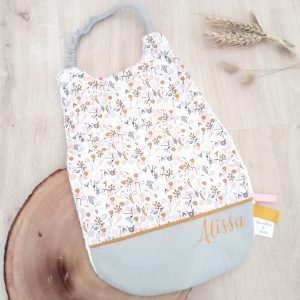 Serviette élastiquée, fleuri rose et curry et gris clair