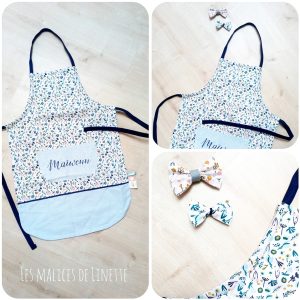 Tablier, fleuri bleu uni bleu glacier