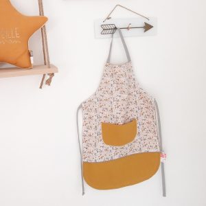 Tablier, fleuri rose et curry et uni curry