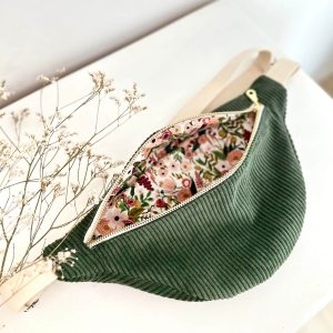 Sac banane, velours kaki, coton garden party, sangle et fermeture crème