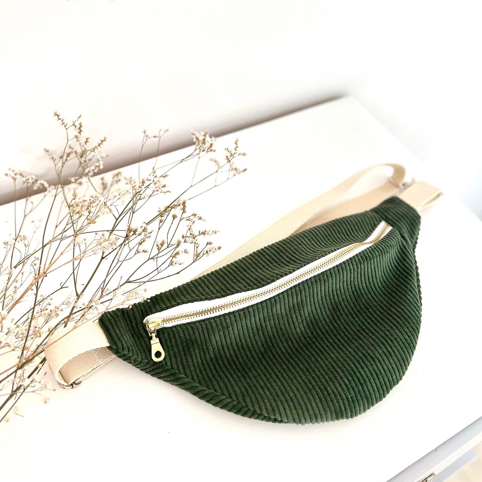 Sac banane, velours kaki, coton garden party, sangle et fermeture crème – Image 5