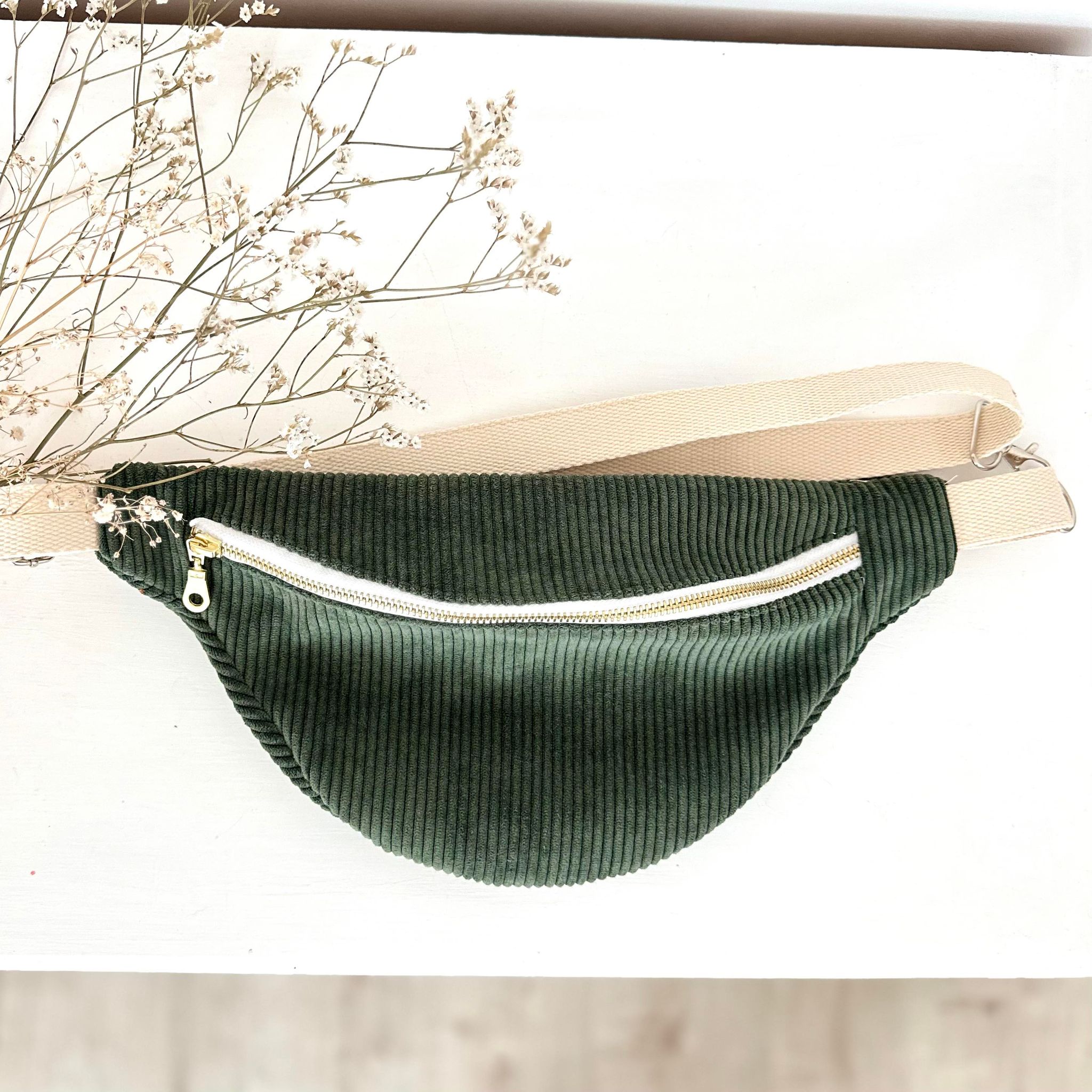 Sac banane, velours kaki, coton garden party, sangle et fermeture crème – Image 4