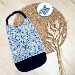 Serviette élastiquée, liberty wiltshire fluo et uni marine