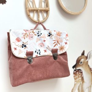 Cartable, velours côtelé vieux rose et coton fleuri camel et rose
