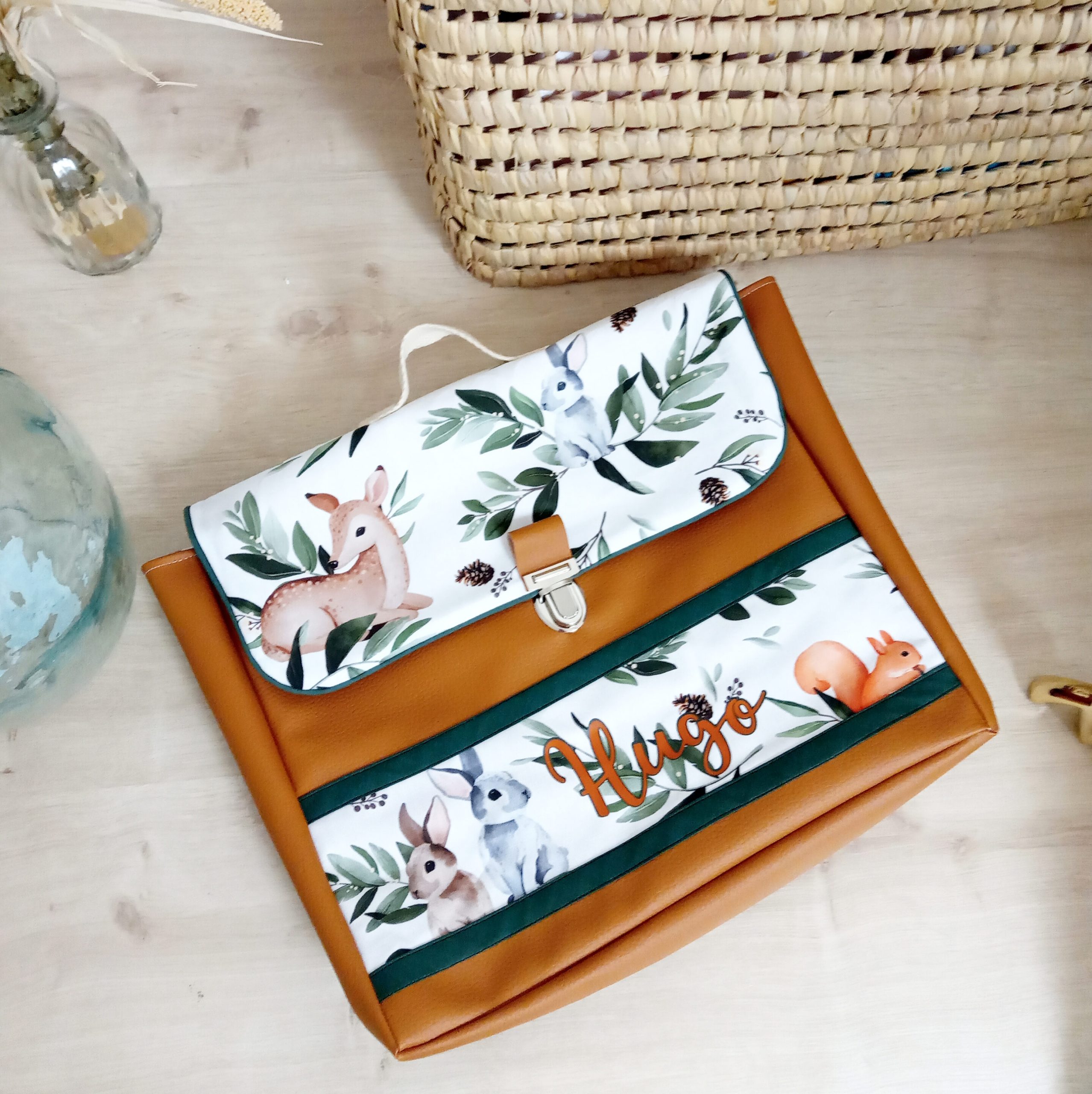 Cartable, simili camel et feuilles de chevreuil – Image 3