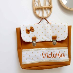 Cartable, simili camel et pois dorés