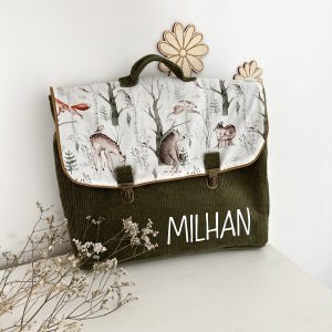 Cartable, velours côtelé kaki et coton forest