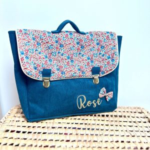 Cartable, velours côtelé marine et Liberty emma et georgina chesnust