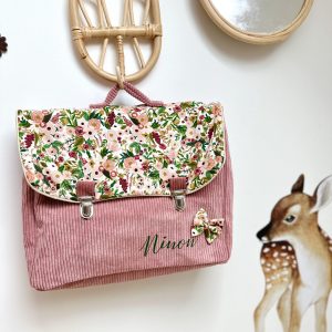 Cartable, velours côtelé rose et garden party
