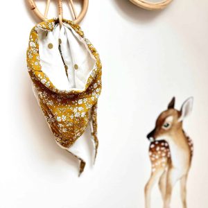 Chèche, Liberty capel moutarde et double gaze crème à gros pois doré