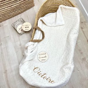 Couverture moumoute, double gaze crème pois doré