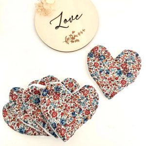 Lingettes lavables coeurs, liberty Emma and Georgina x7