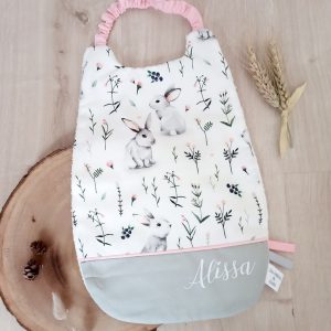 Serviette élastiquée, lapins et feuillages et gris clair