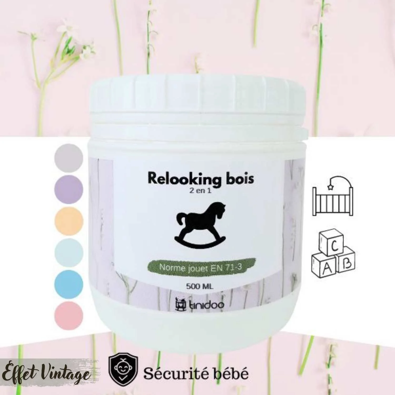 Peinture 2 en 1 Tinidoo pour Commode / Lit Bébé – Norme Jouet 500ML (Rose/Jaune/Bleu/Menthe/Lavande/Gris).Effet Vintage