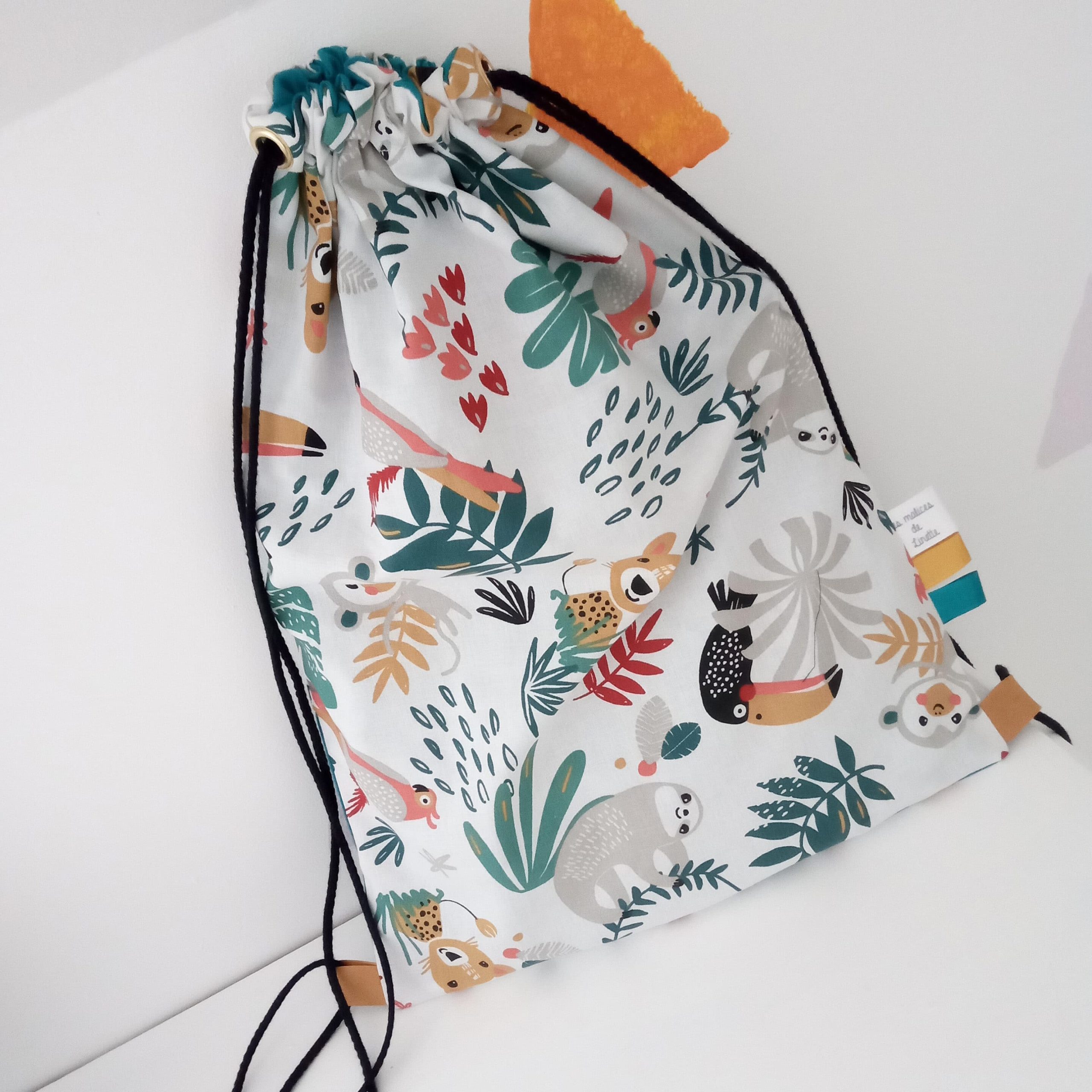 Sac pochon, papaya et uni bleu – Image 5