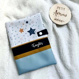 Protège carnet de santé, coton blue star et simili ciel Tayler