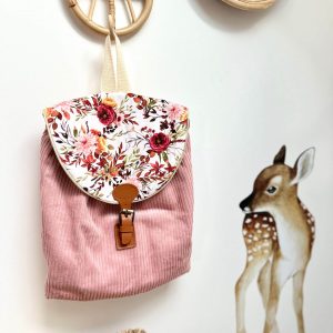 Sac à dos, velours côtelé rose et coton fleurs d&rsquo;automne