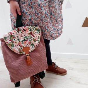 Sac à dos, velours côtelé rose et coton garden party