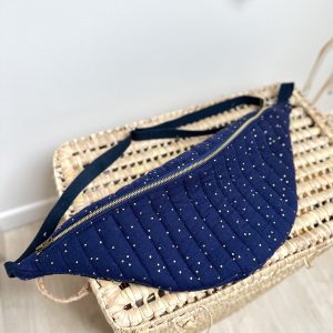Sac banane, double gaze bleue marine à pois doré