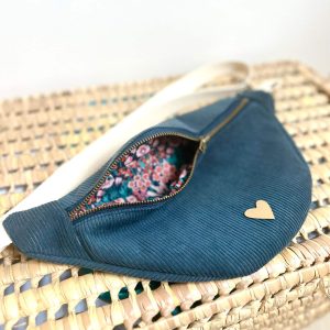 Sac banane, velours marine, liberty primrose, sangle crème