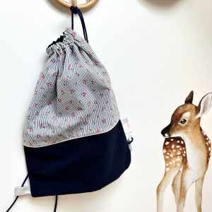 Sac pochon, marinière fleurie et uni marine