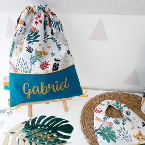 Sac pochon, papaya et uni bleu