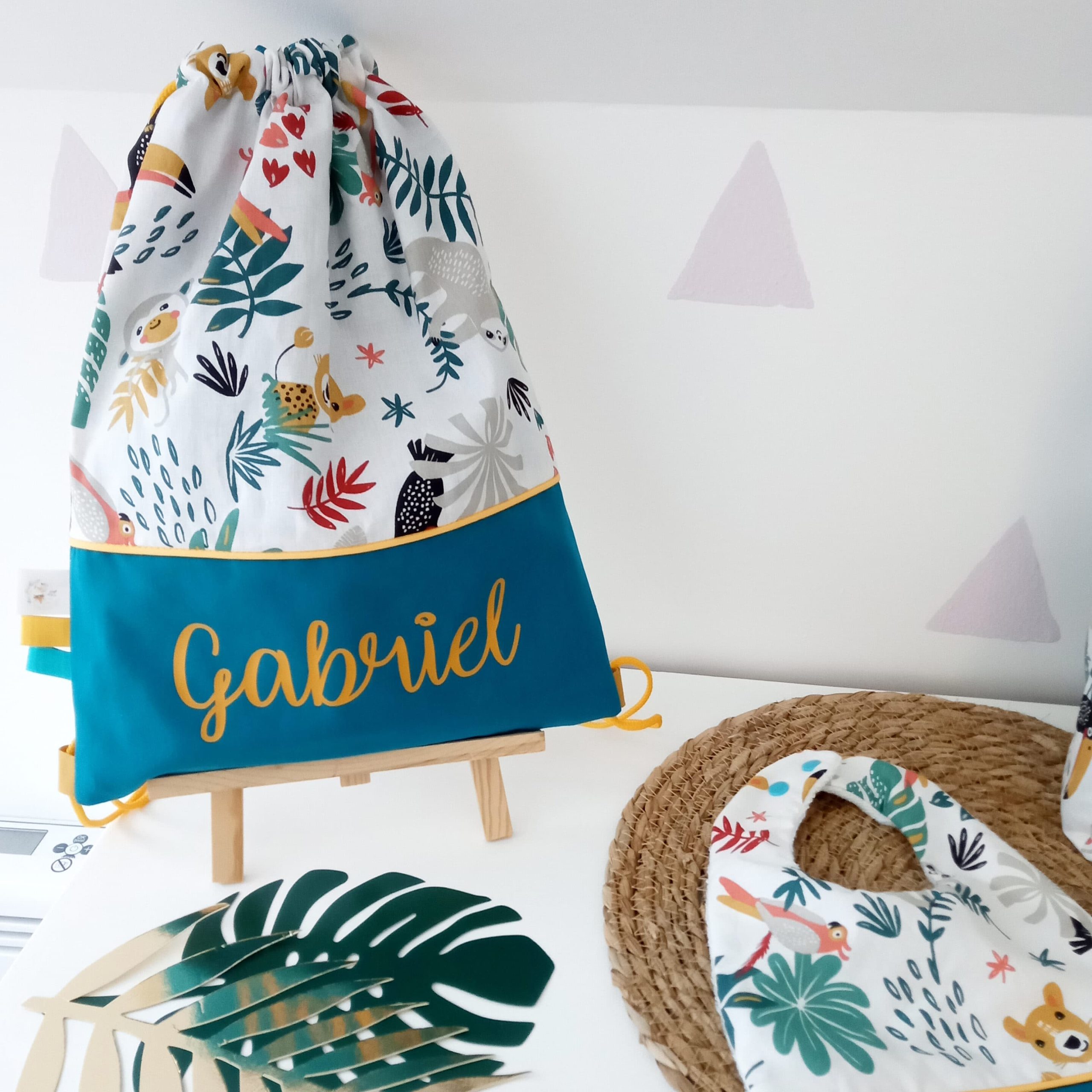 Sac pochon, papaya et uni bleu