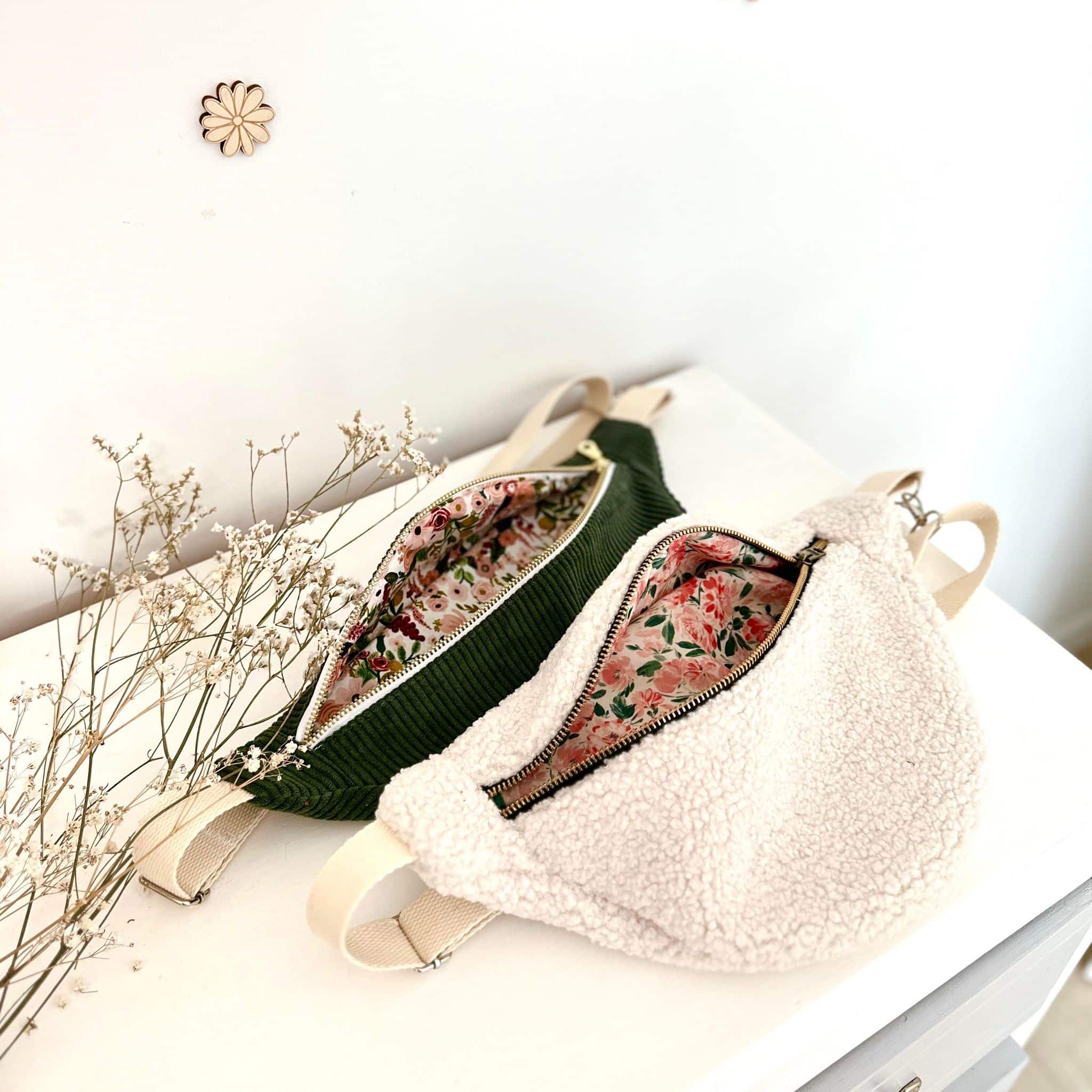 Sac banane, velours kaki, coton garden party, sangle et fermeture crème – Image 8