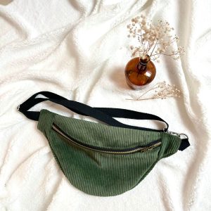 Sac banane, velours kaki, liberty betsy berry, sangle et fermeture noire